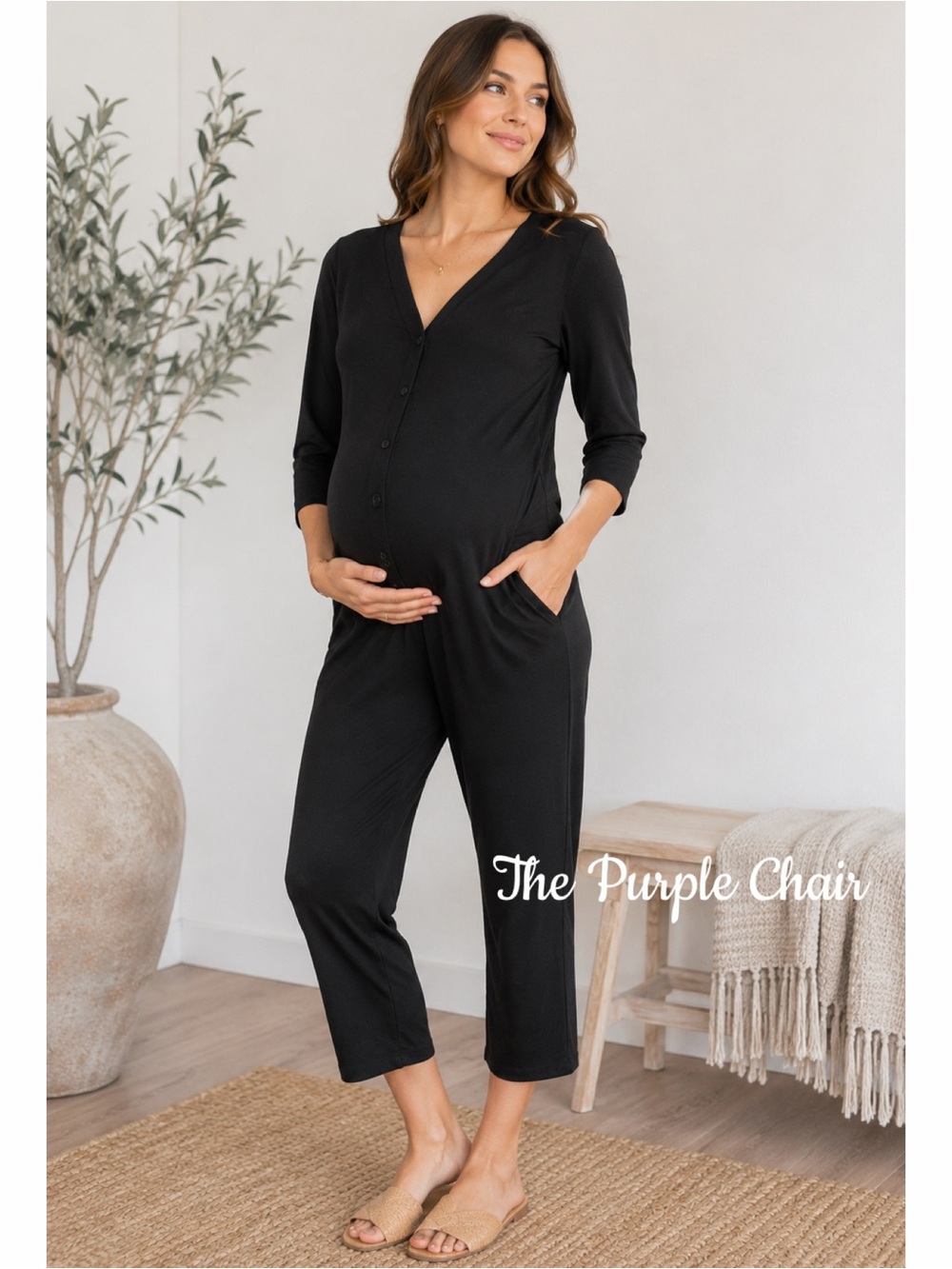 THE NINES By HATCH NWT Black 3/4 Sleeve Button Up Jumpsuit XS